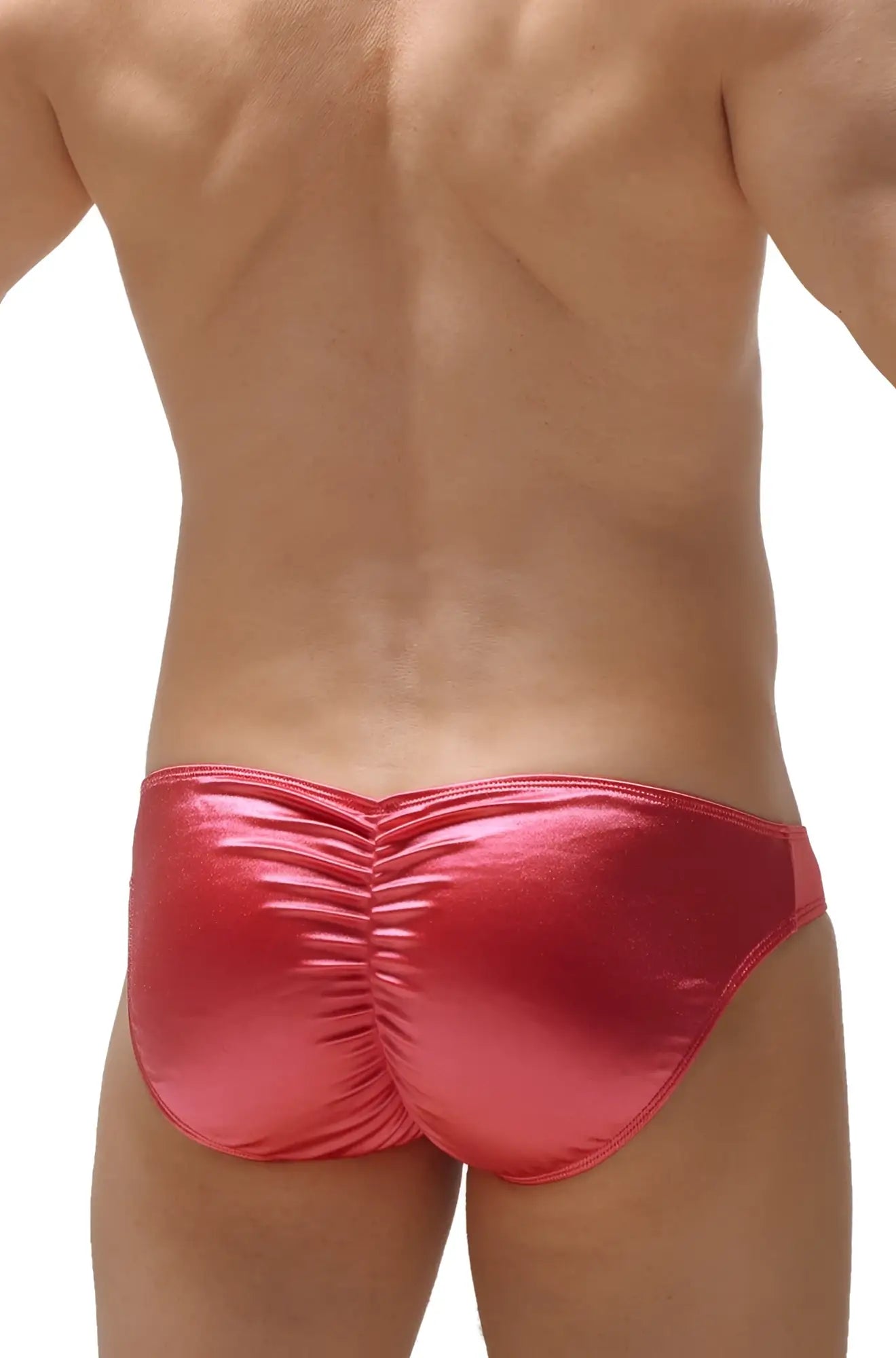 Shiny red metallic brief back side with ruched design from petitq bikini murlin satin pink collection