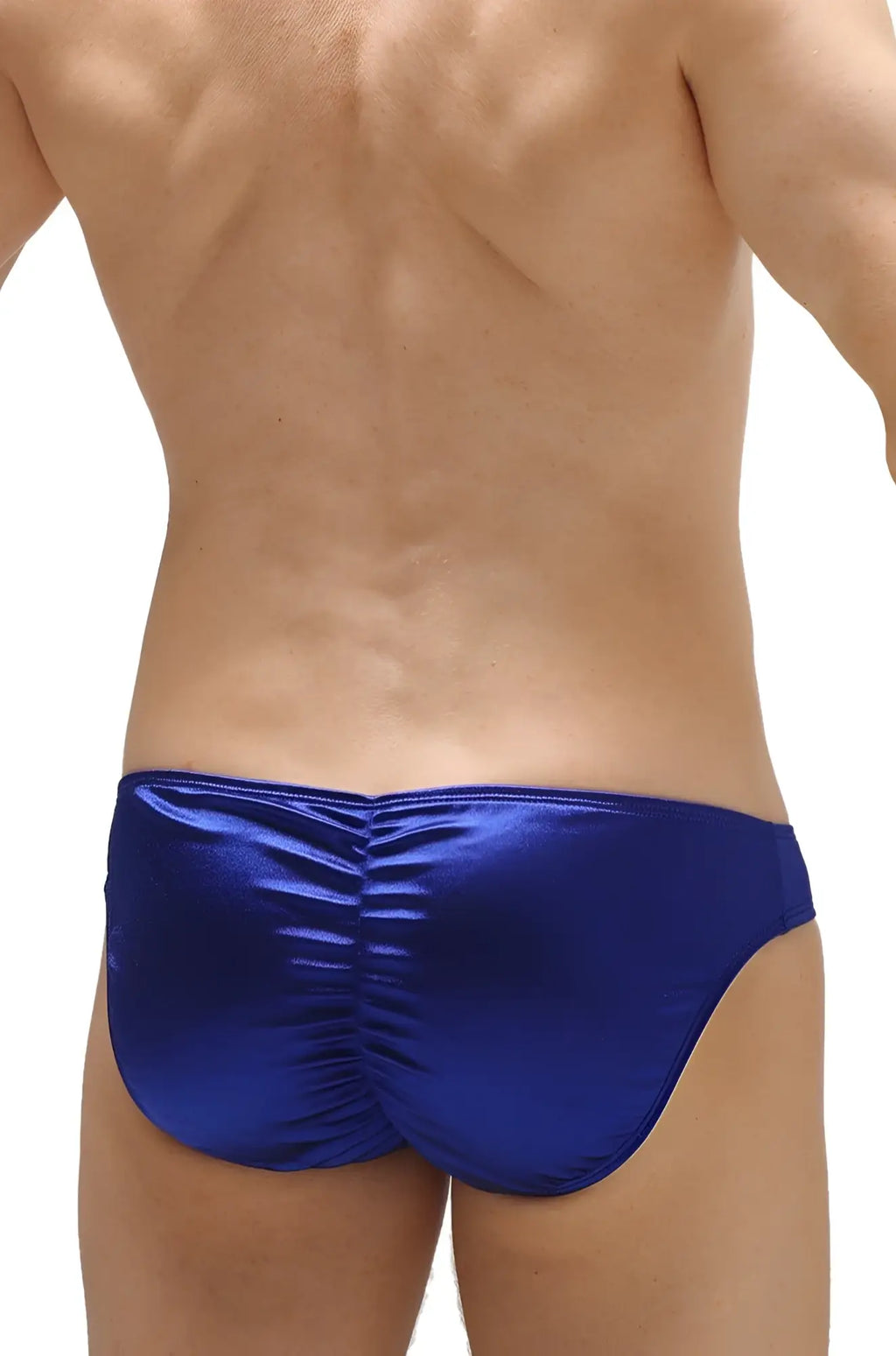 Royal blue satin swim trunks with ruched back design from petitq bikini murlin satin sapphire collection