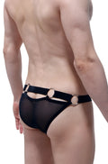 Black mesh thong bikini with three silver metal rings on the waistband from petitq bikini net ring collection