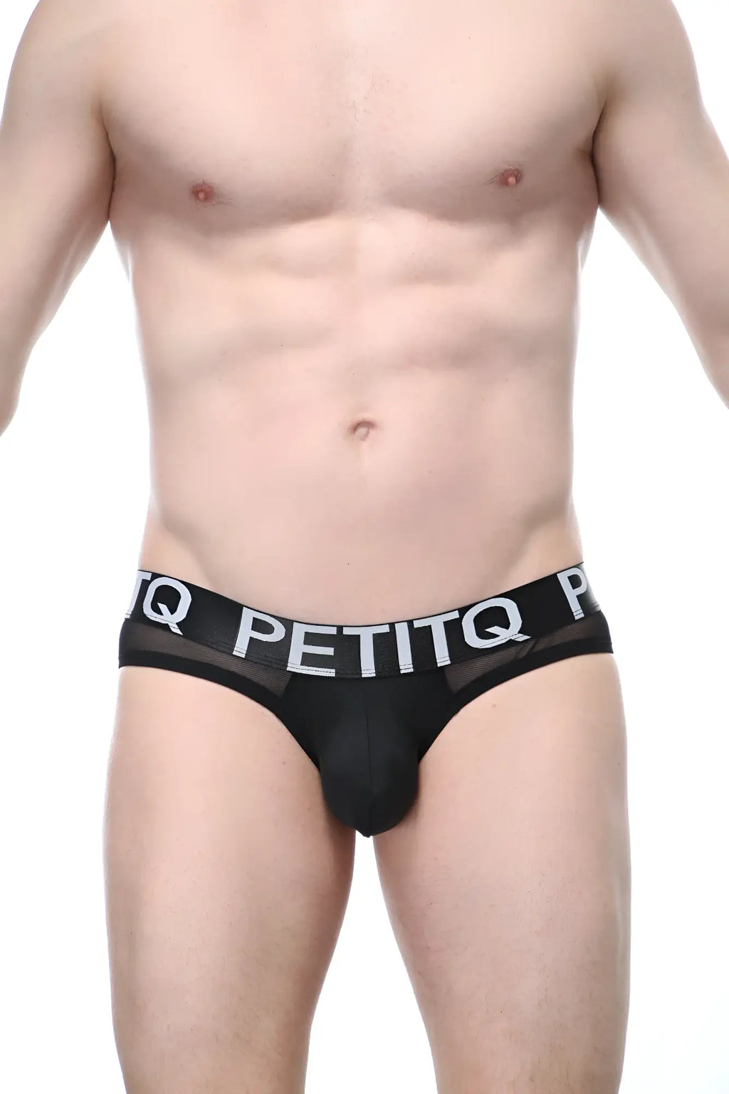Black petitq bikini briefs with mesh waistband and solid fabric body for comfortable everyday wear