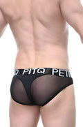 Black mesh petitq bikini briefs with black elastic waistband featuring white pitq lettering