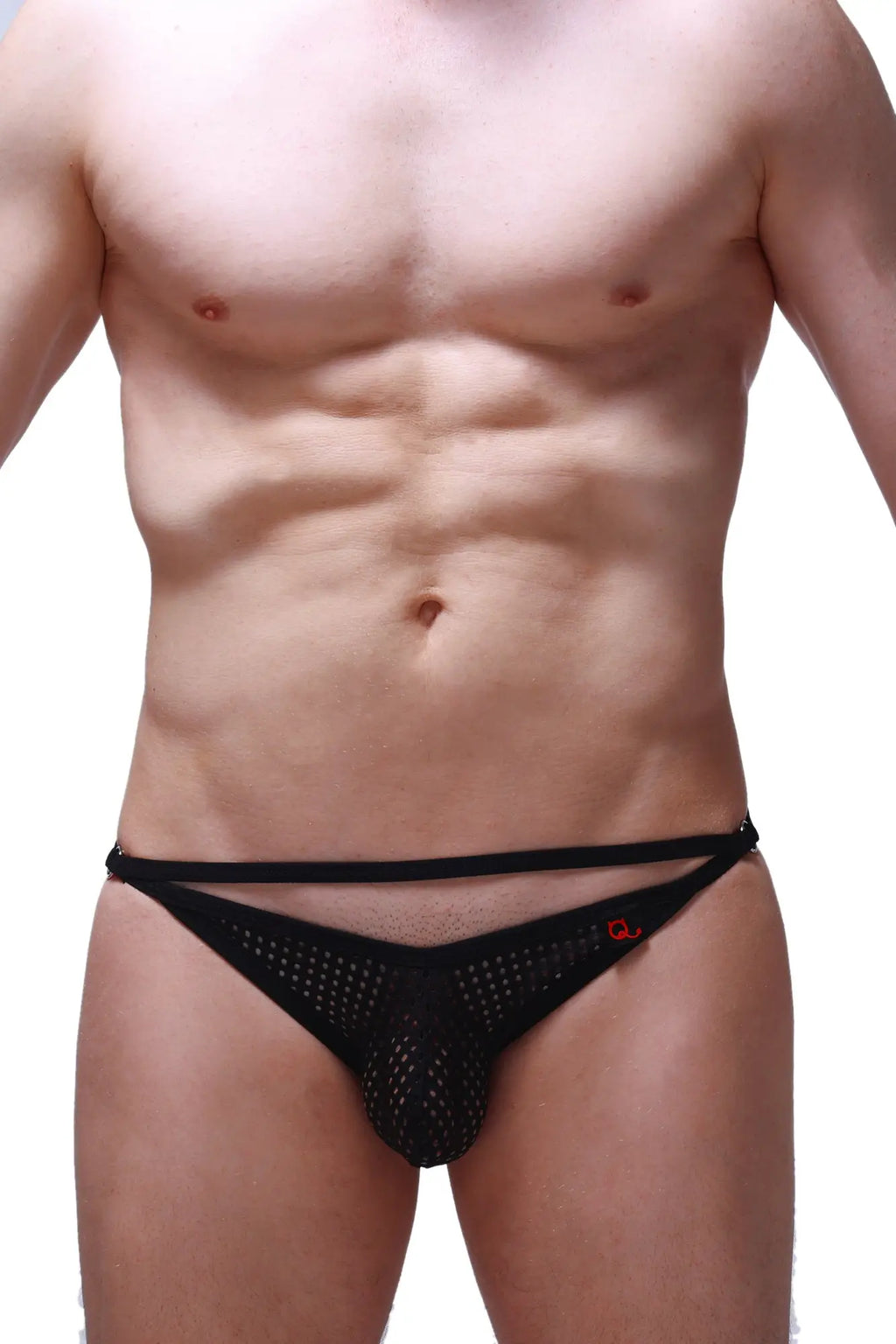 Petitq bikini orbar durtol black black mesh briefs with a red logo on the side front view