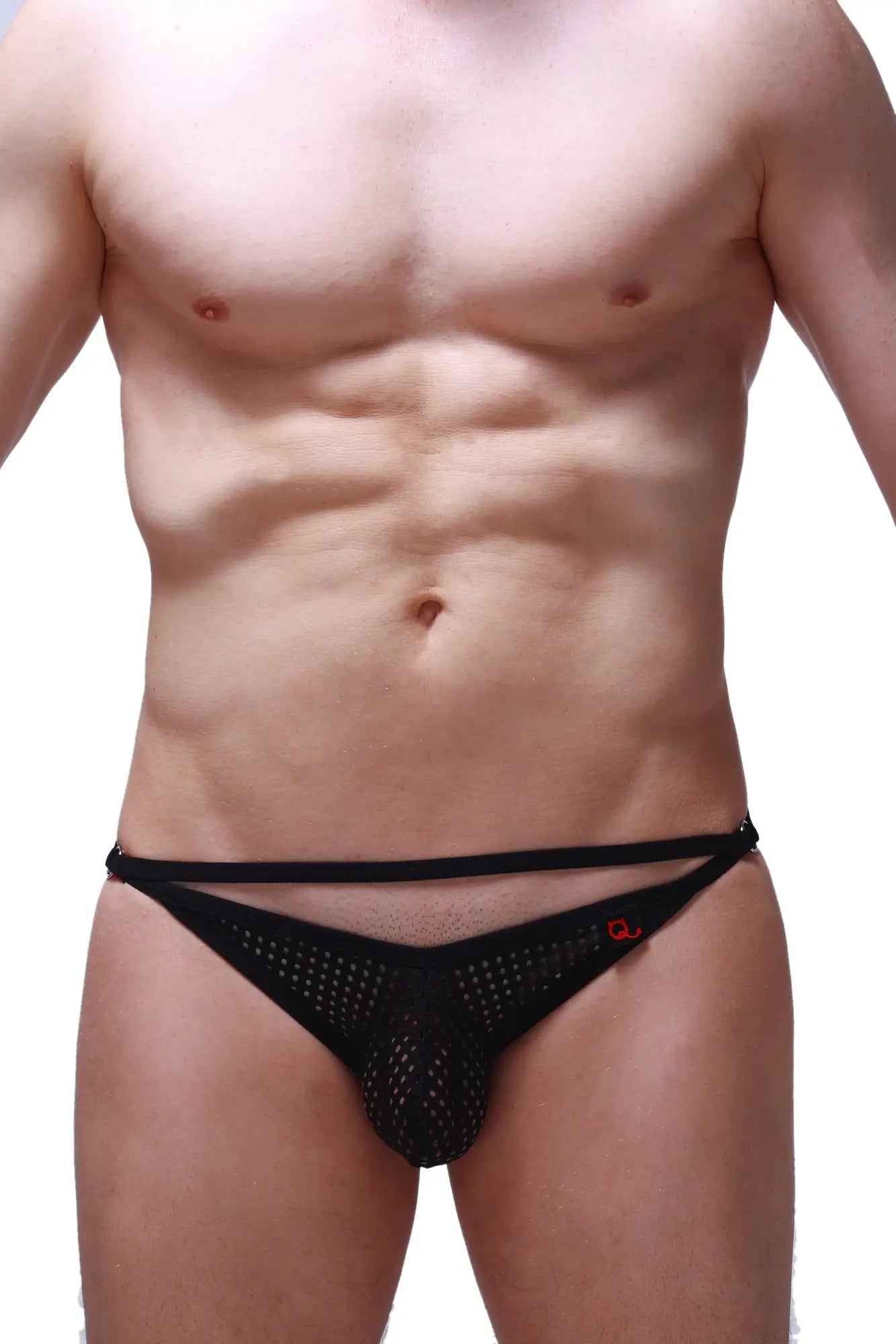 Petitq bikini orbar durtol black black mesh briefs with a red logo on the side front view