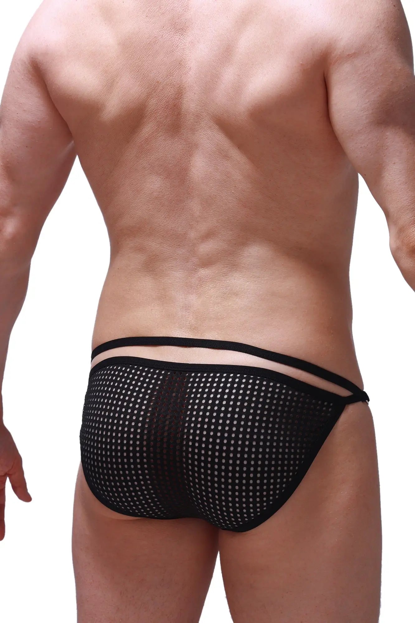 PetitQ bikini Orbar Durtol black mesh briefs with sleek form-fitting design and contrasting white perforations