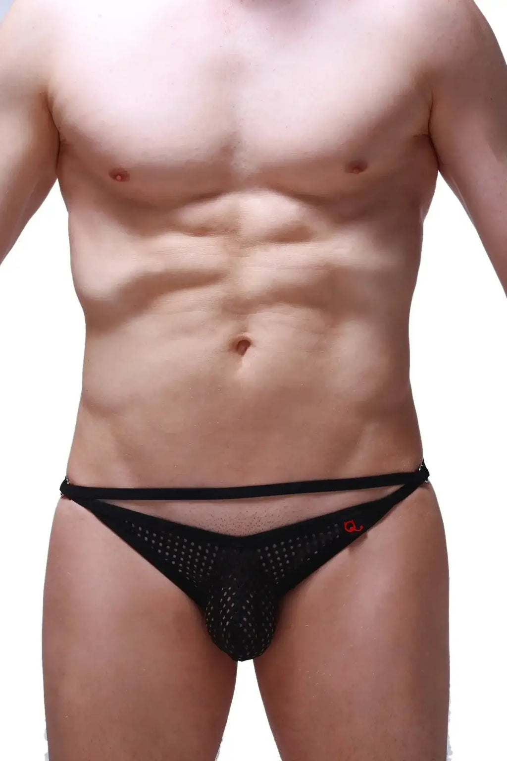 Petitq bikini orbar durtol black black mesh briefs with a red logo on the side front view