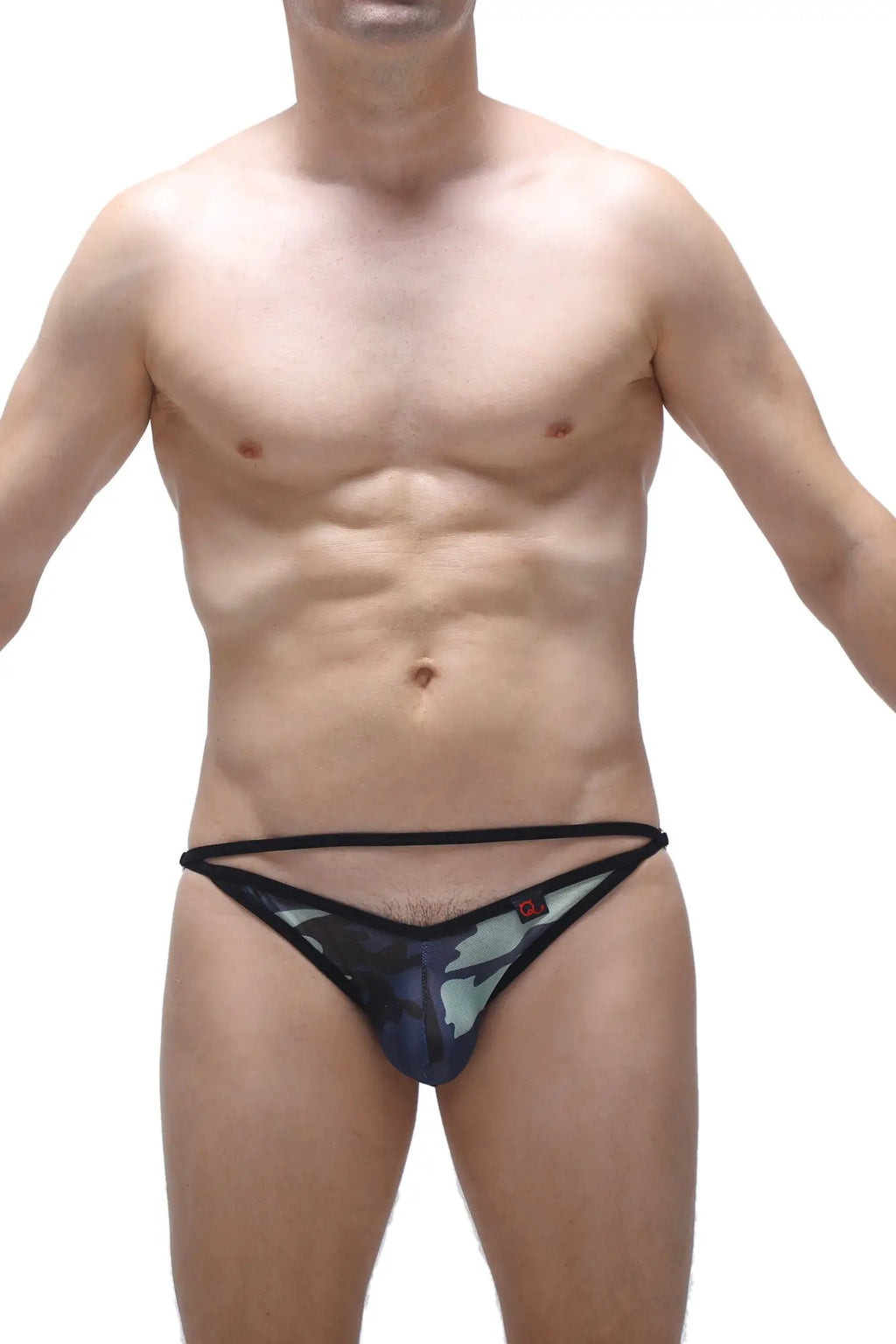 Black and gray camouflage-patterned thong with thin elastic waistband from petitq bikini orbar net camo collection