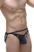 Black and green camouflage mens thong with sheer mesh design petitq bikini orbar net camo product front view