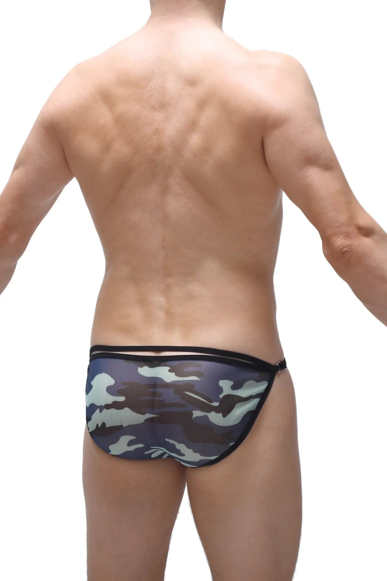 Petitq bikini orbar net camo camouflage patterned briefs with black trim showing the front side