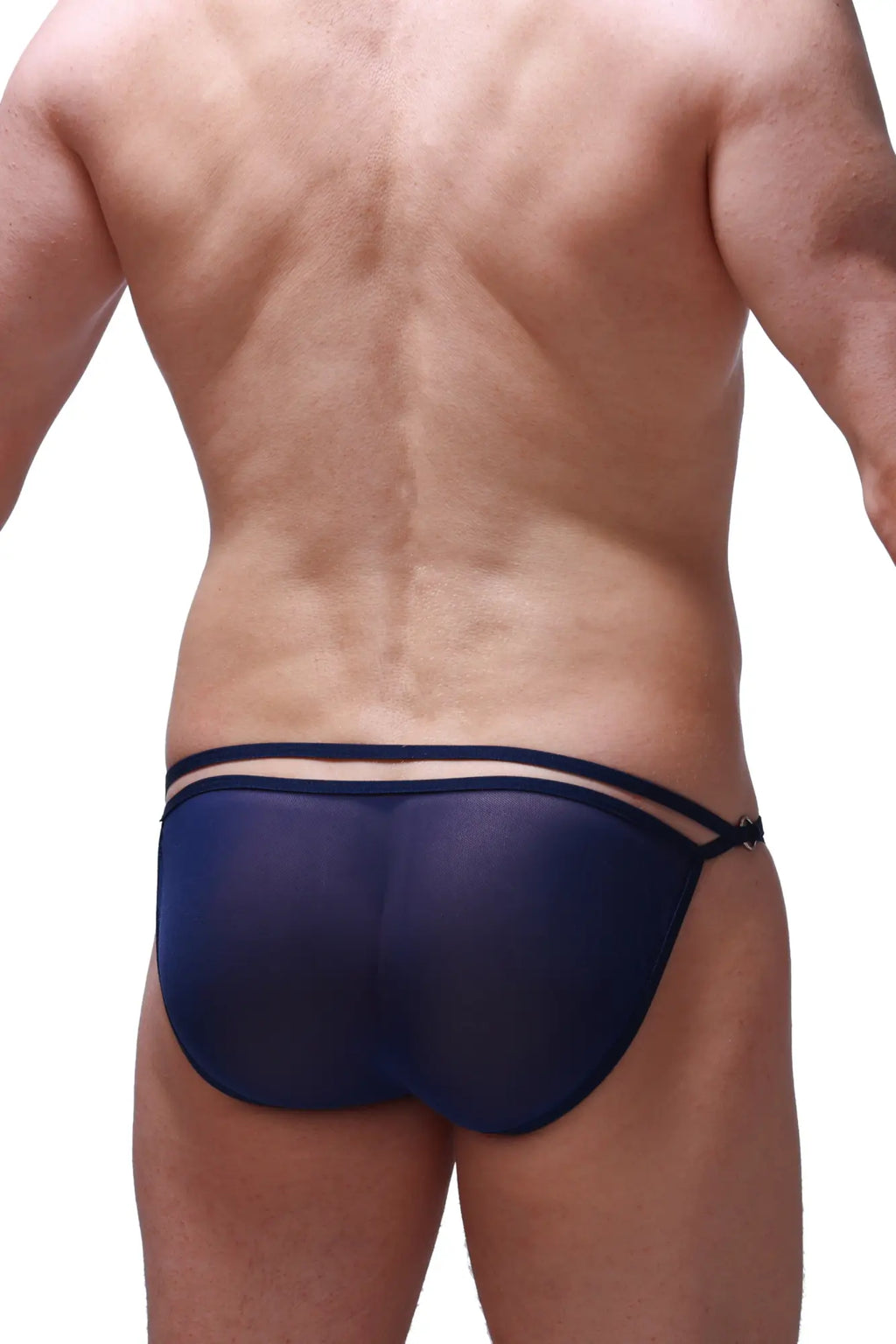 Navy blue sheer mesh briefs with black elastic straps petiteq bikini orbar net in a front view