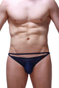 Navy blue sheer mesh thong bikini with thin elastic waistband and small red PetitQ logo on the side