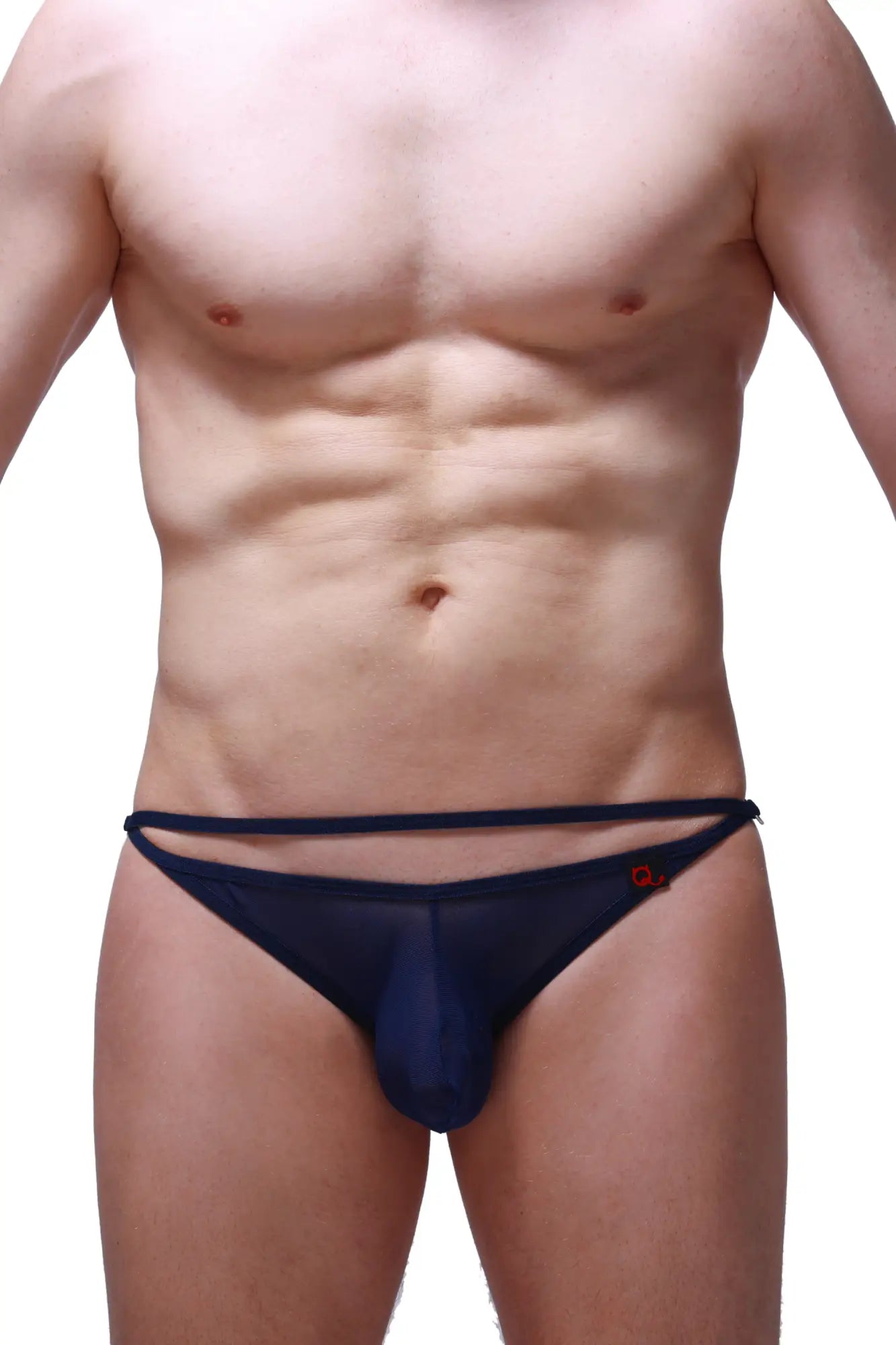 Navy blue sheer mesh thong bikini with thin elastic waistband and small red PetitQ logo on the side