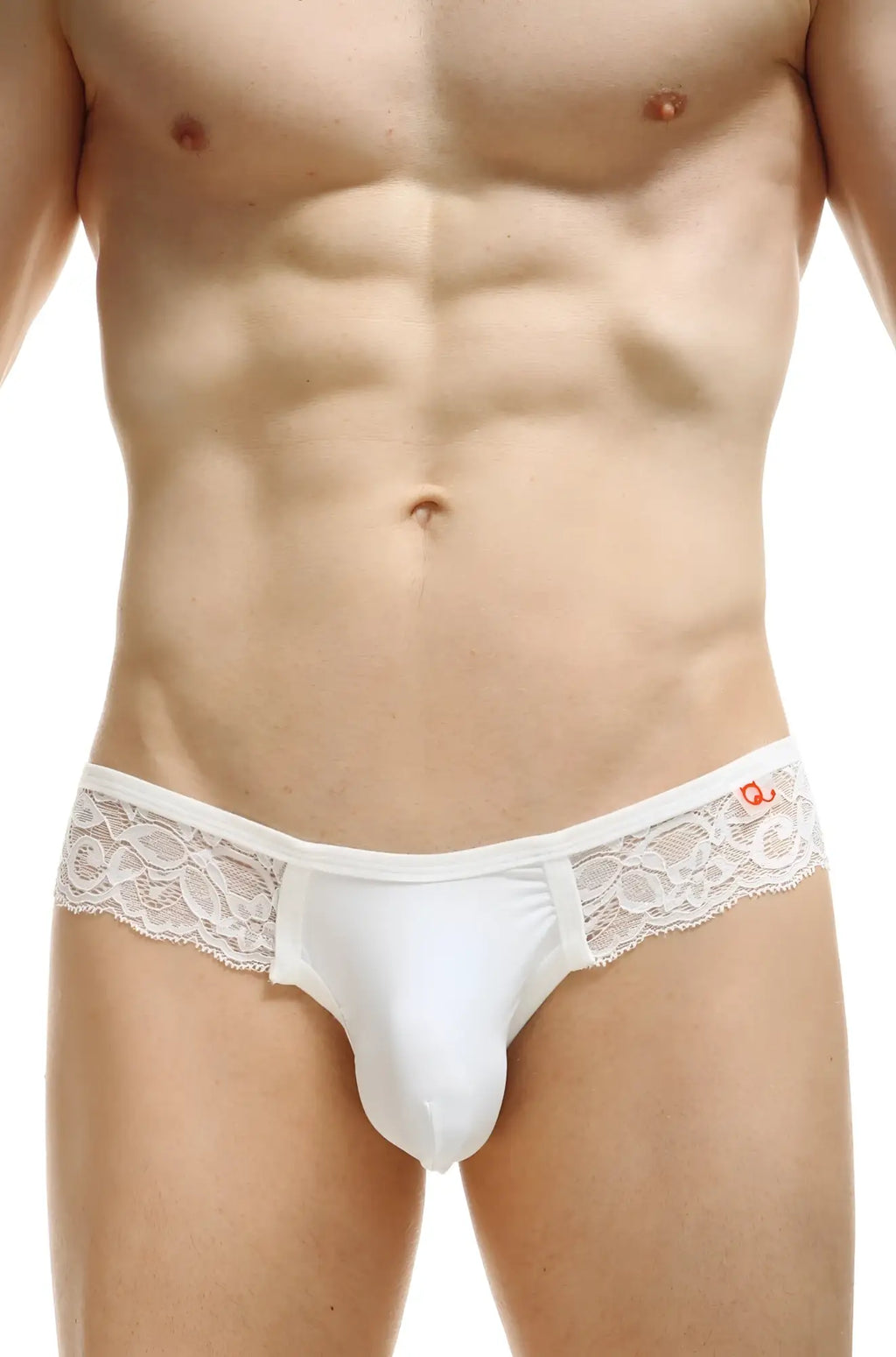 Petitq bikini oupar lace white men’s briefs with white lace trim and smooth form-fitting design