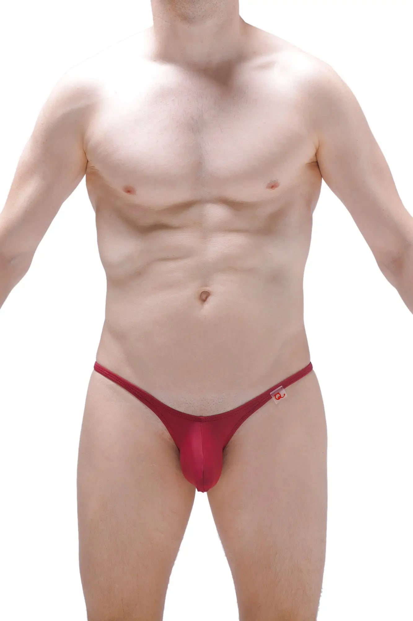 Red form-fitting thong bikini with small logo on sideband in petitq bikini plellis burgundy design