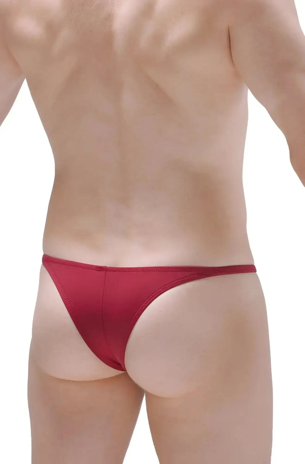 Red thong made of smooth stretchy fabric with a sleek minimalist design in burgundy petitq bikini plellis product