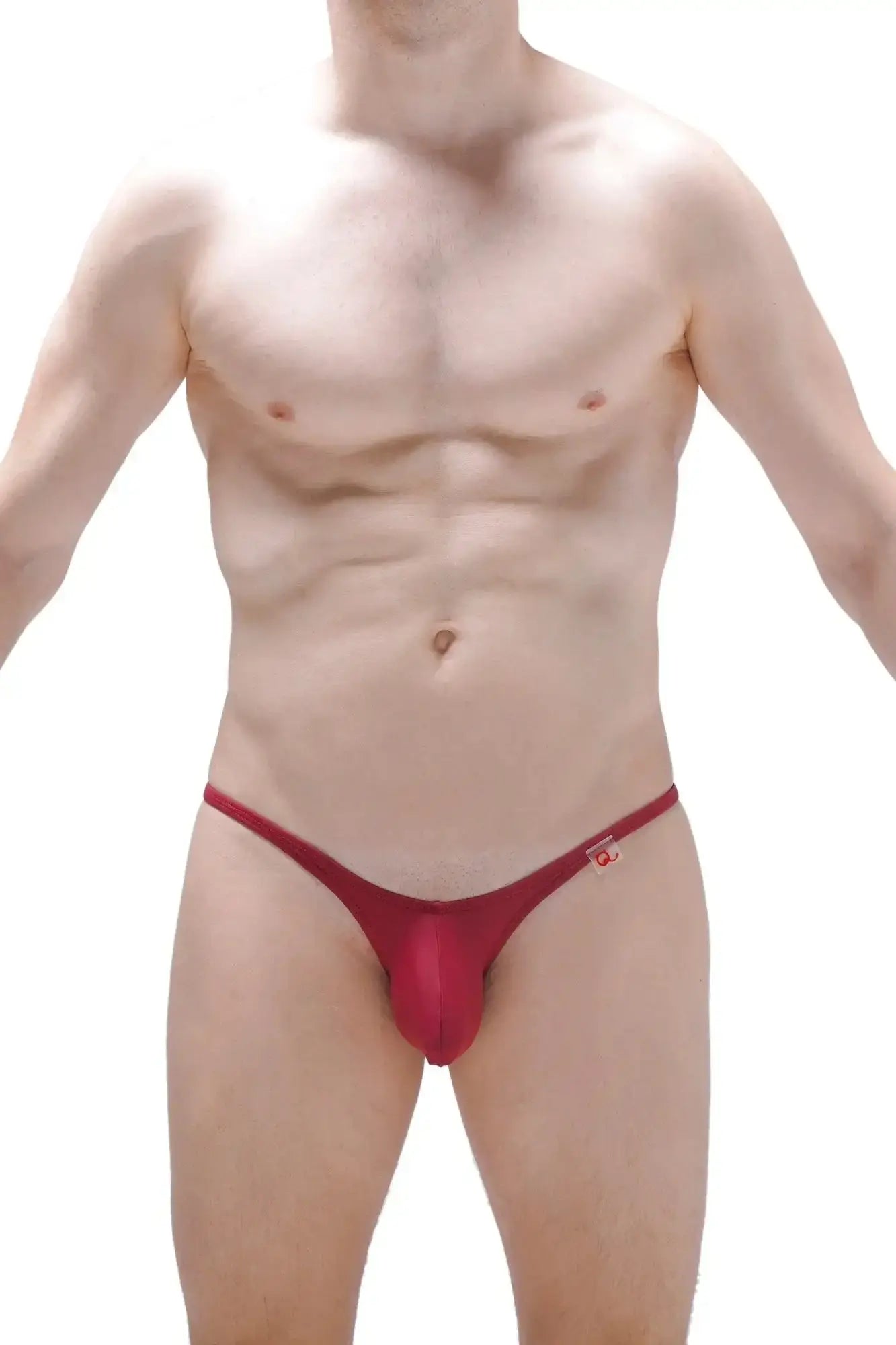 Red form-fitting thong bikini with small logo on sideband in petitq bikini plellis burgundy design