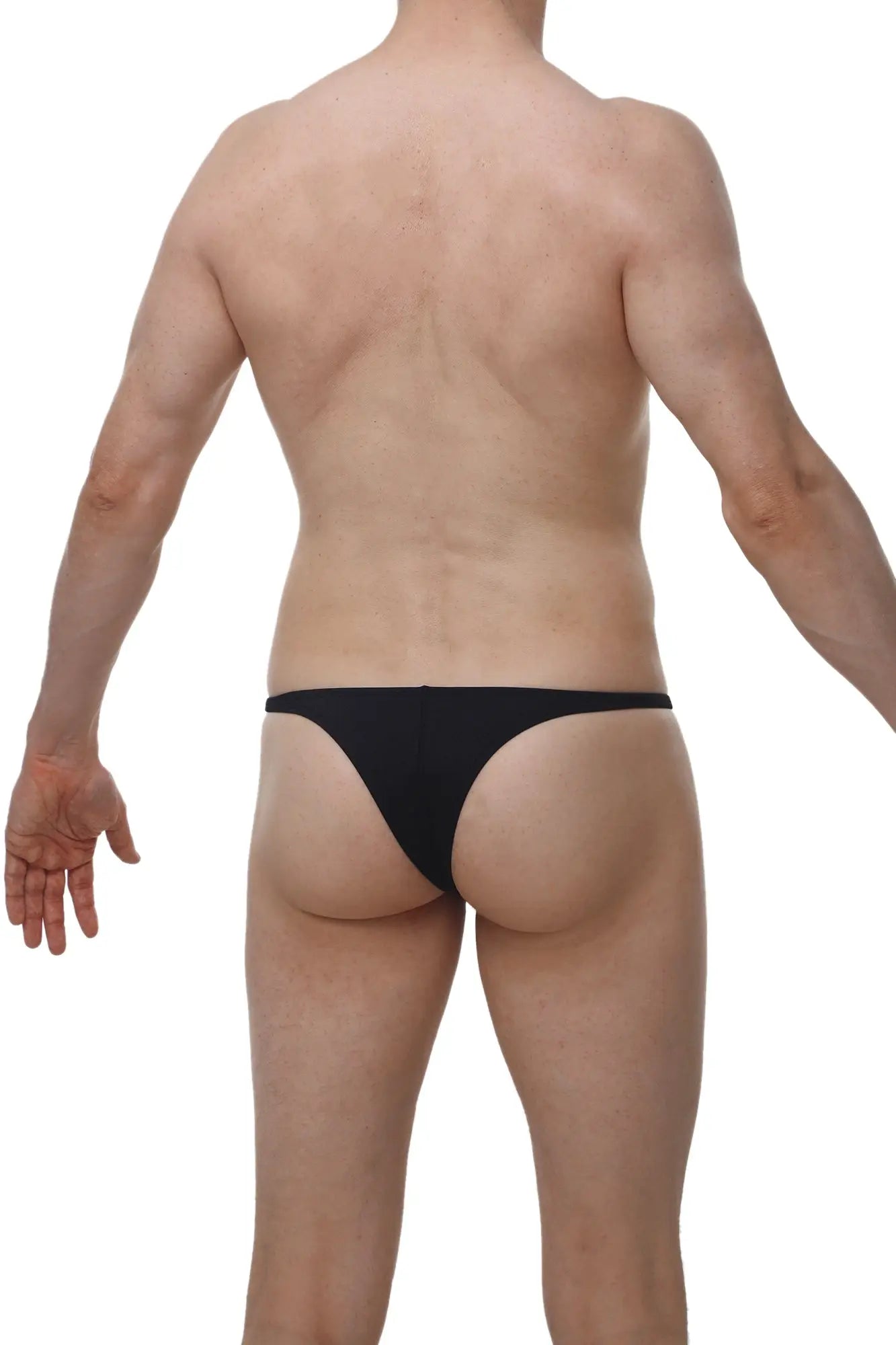 Black petitq bikini plellis joe thong made of smooth fabric shown from the back side