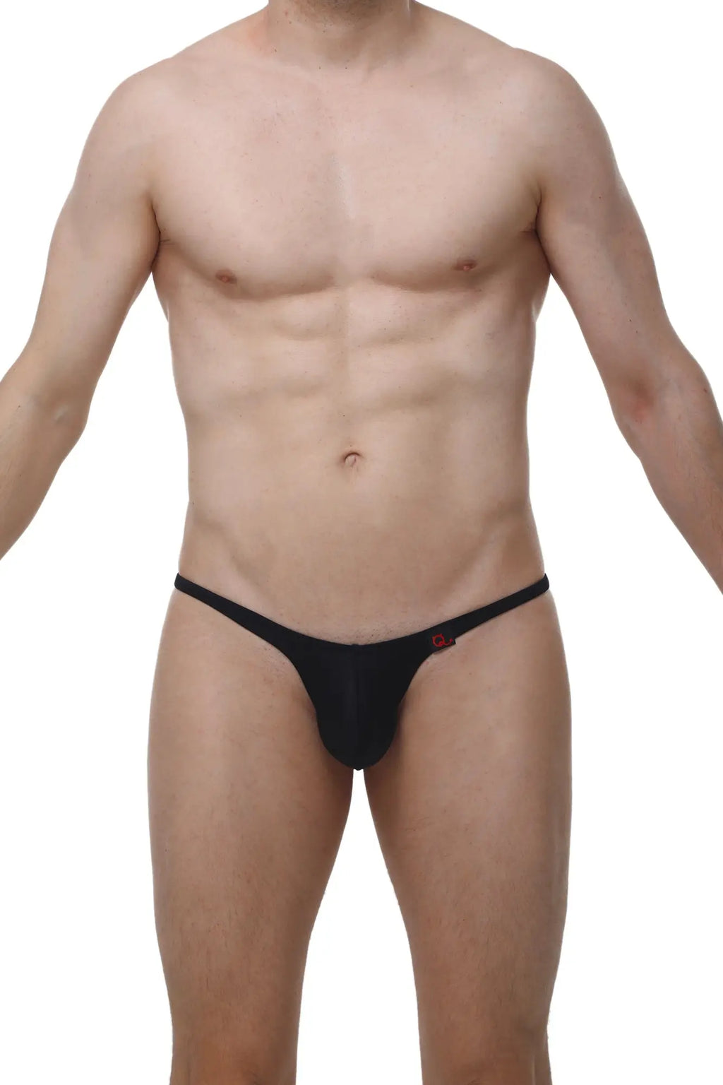 Black thong bikini from PetitQ with a small red logo on the side for stylish swimwear use