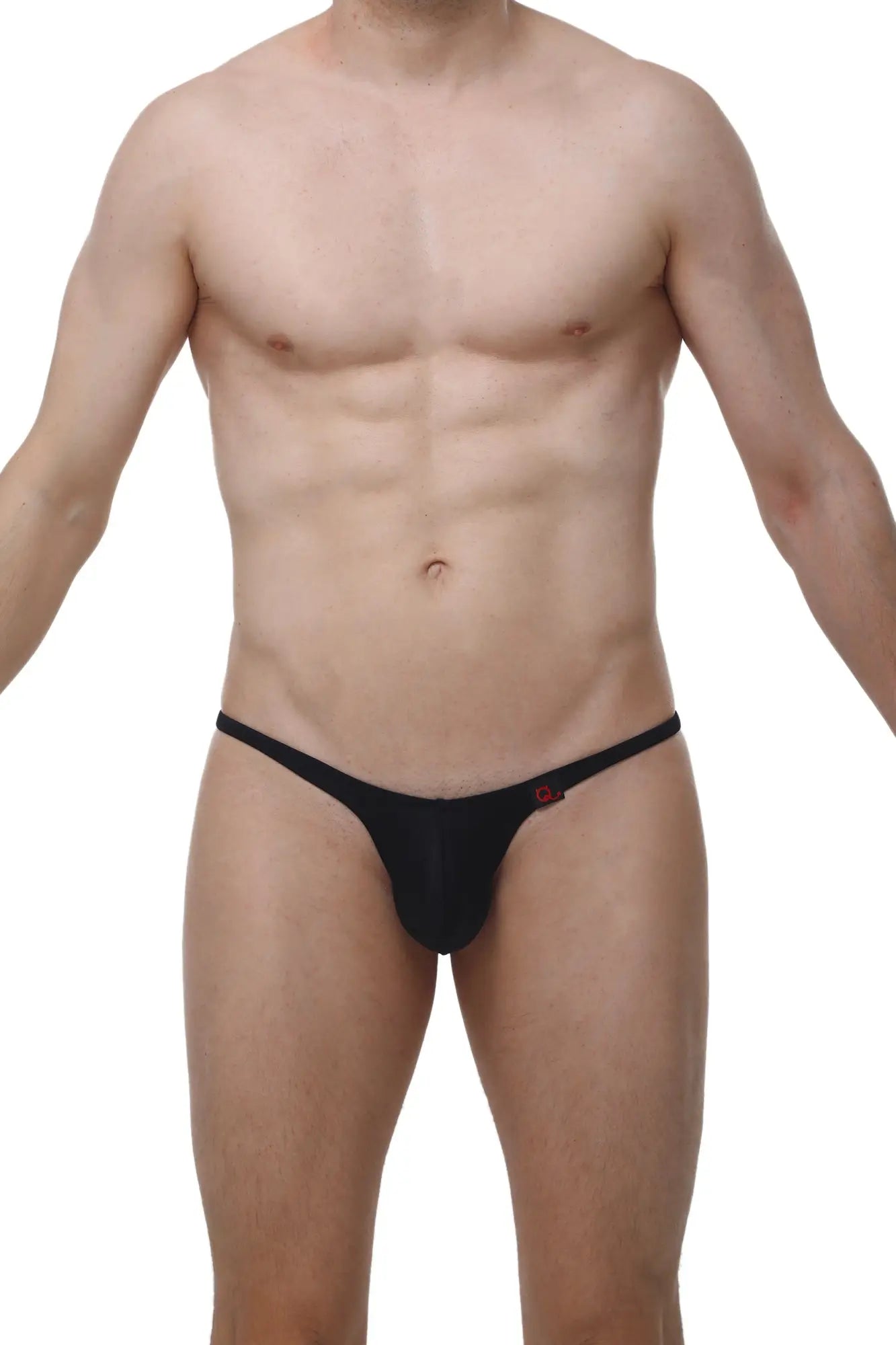 Black thong bikini from PetitQ with a small red logo on the side for stylish swimwear use