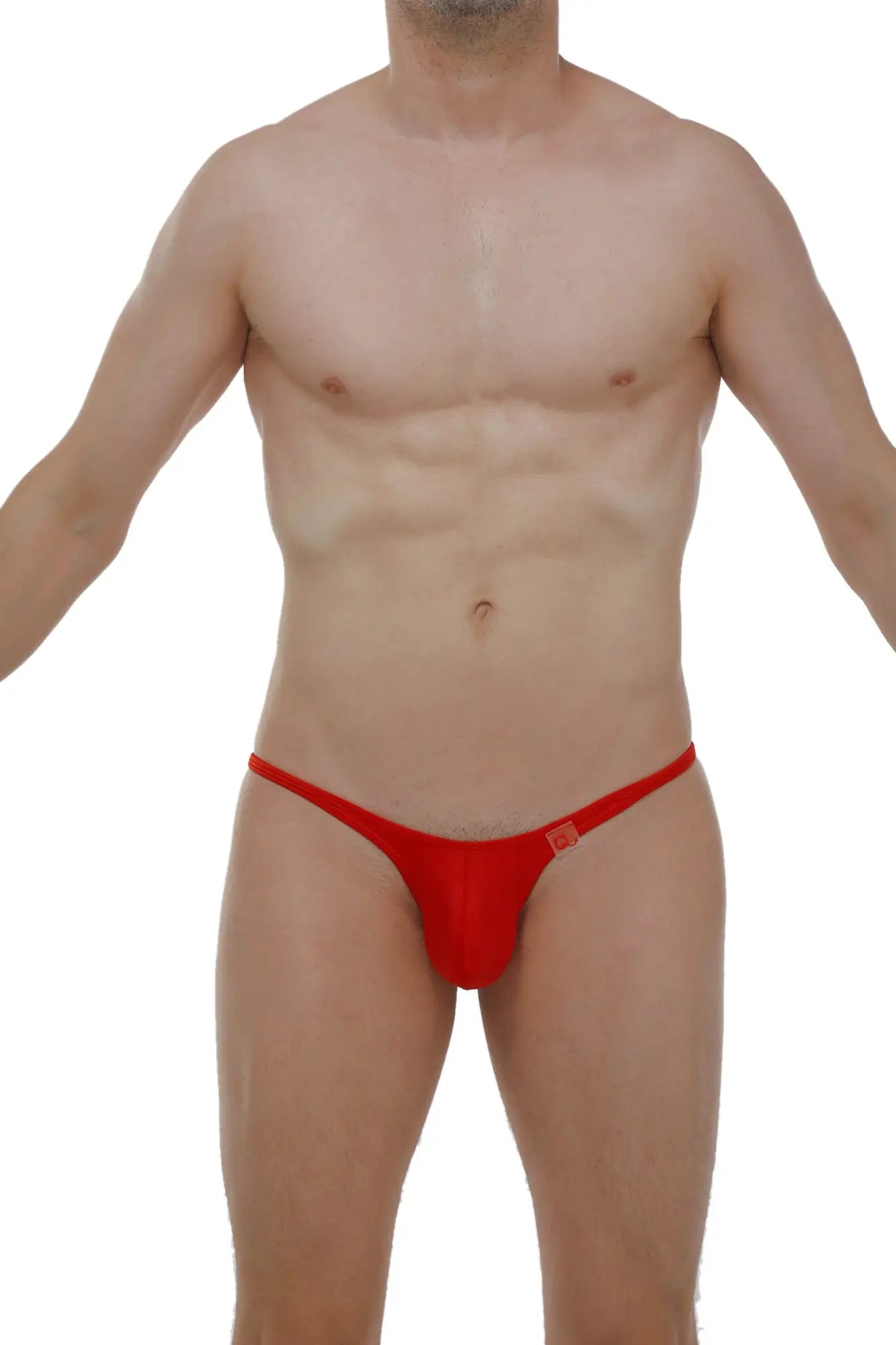 Red thong bikini bottom with small square logo on sideband from petitq bikini plellis joe red collection
