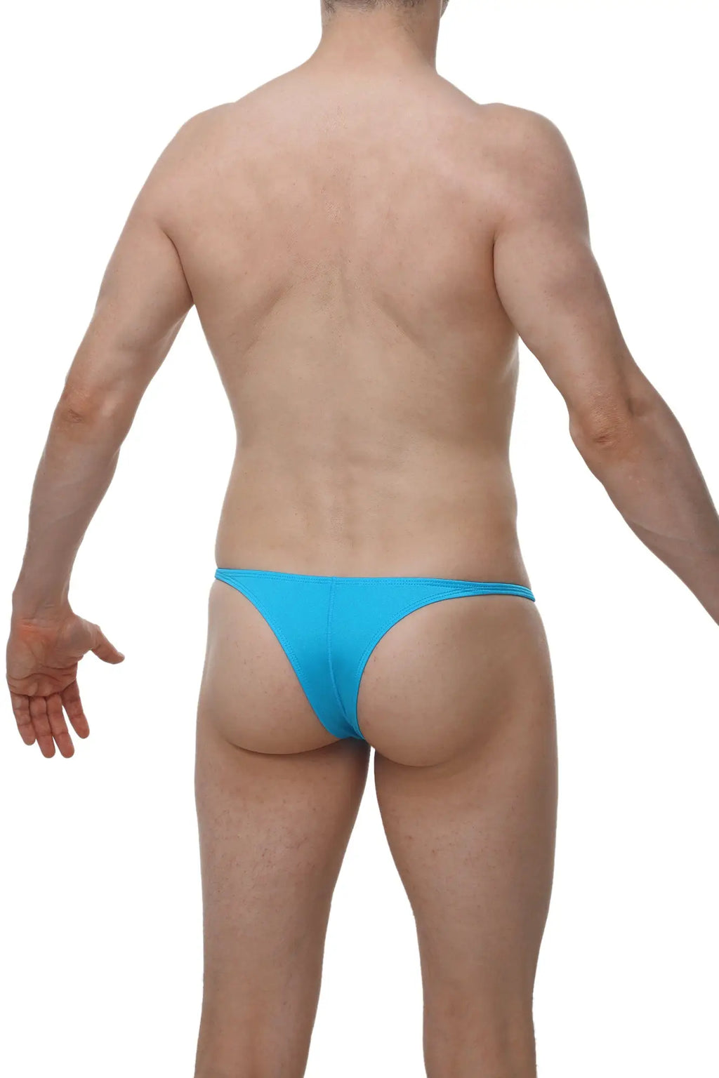 Bright blue form-fitting thong swimsuit of petitq bikini plellis joe turquoise shown from the back side
