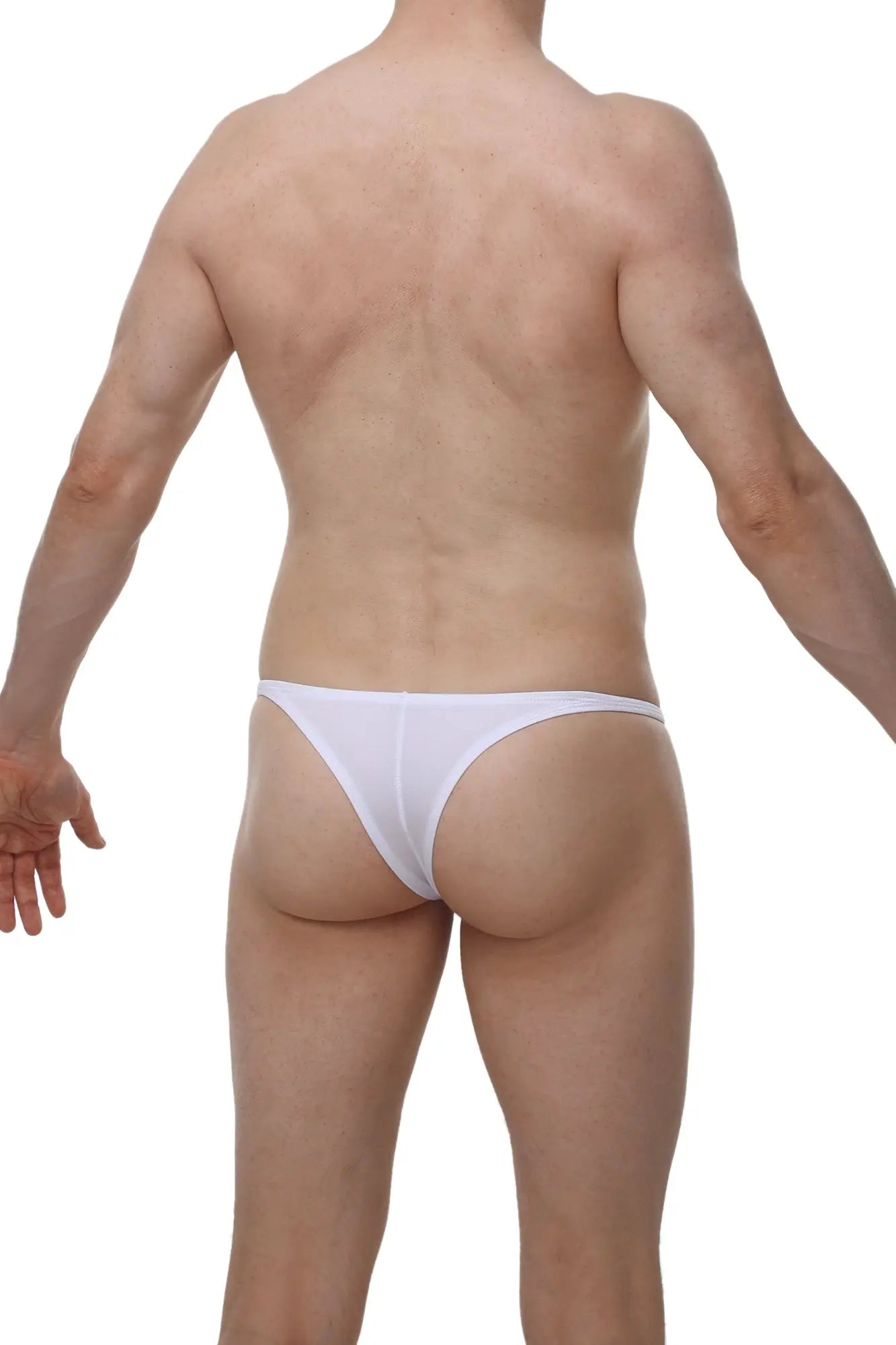 White form-fitting thong from petitq bikini plellis joe made of smooth stretchy fabric shown from the back side