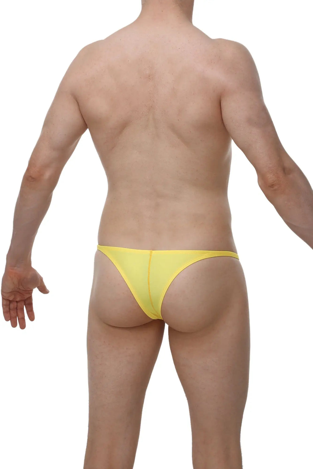 Bright yellow petitq bikini plellis joe thong made of smooth stretchy fabric shown from the back side