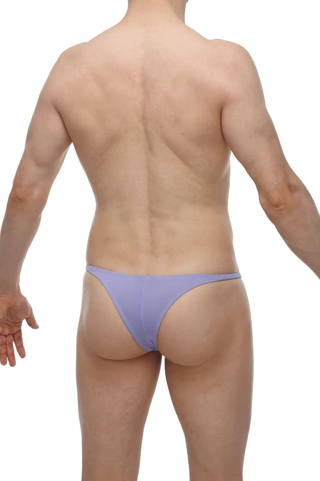 Lavender-colored petitq bikini plellis lilac thong made of smooth stretch fabric shown from the back side