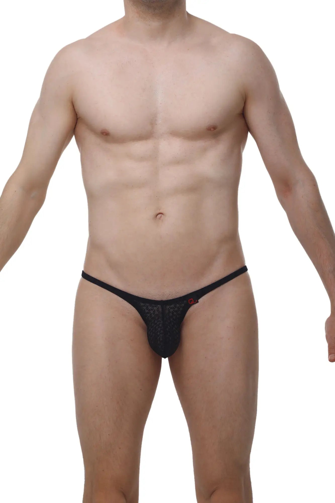 Black mesh thong with small red logo on the side from petitq bikini plellis macra black collection