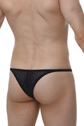 Black mesh thong with a subtle geometric pattern from petitq bikini plellis macra black collection