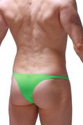 Bright green petitq bikini plellis thong made of smooth stretchy fabric shown from the back side