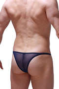 Navy blue sheer mesh thong with solid dark trim by petitq bikini prellis net shown from the back