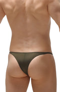 Olive green sheer mesh thong from petitq bikini plellis plum olive collection showing front view