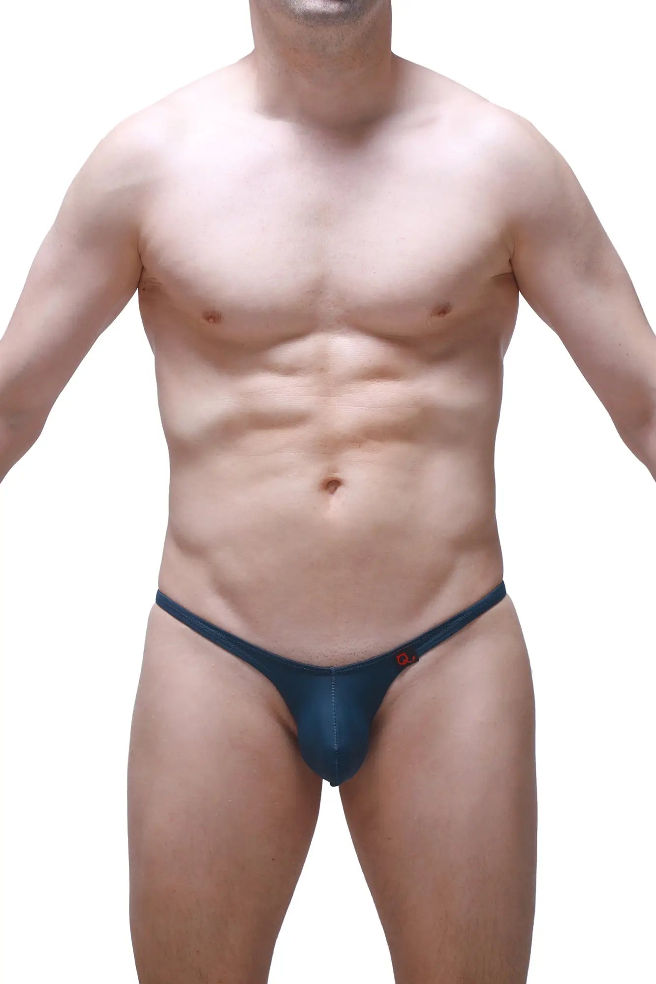 Navy blue petitq bikini plellis thong with a small red logo on the left hipband shown from the back side