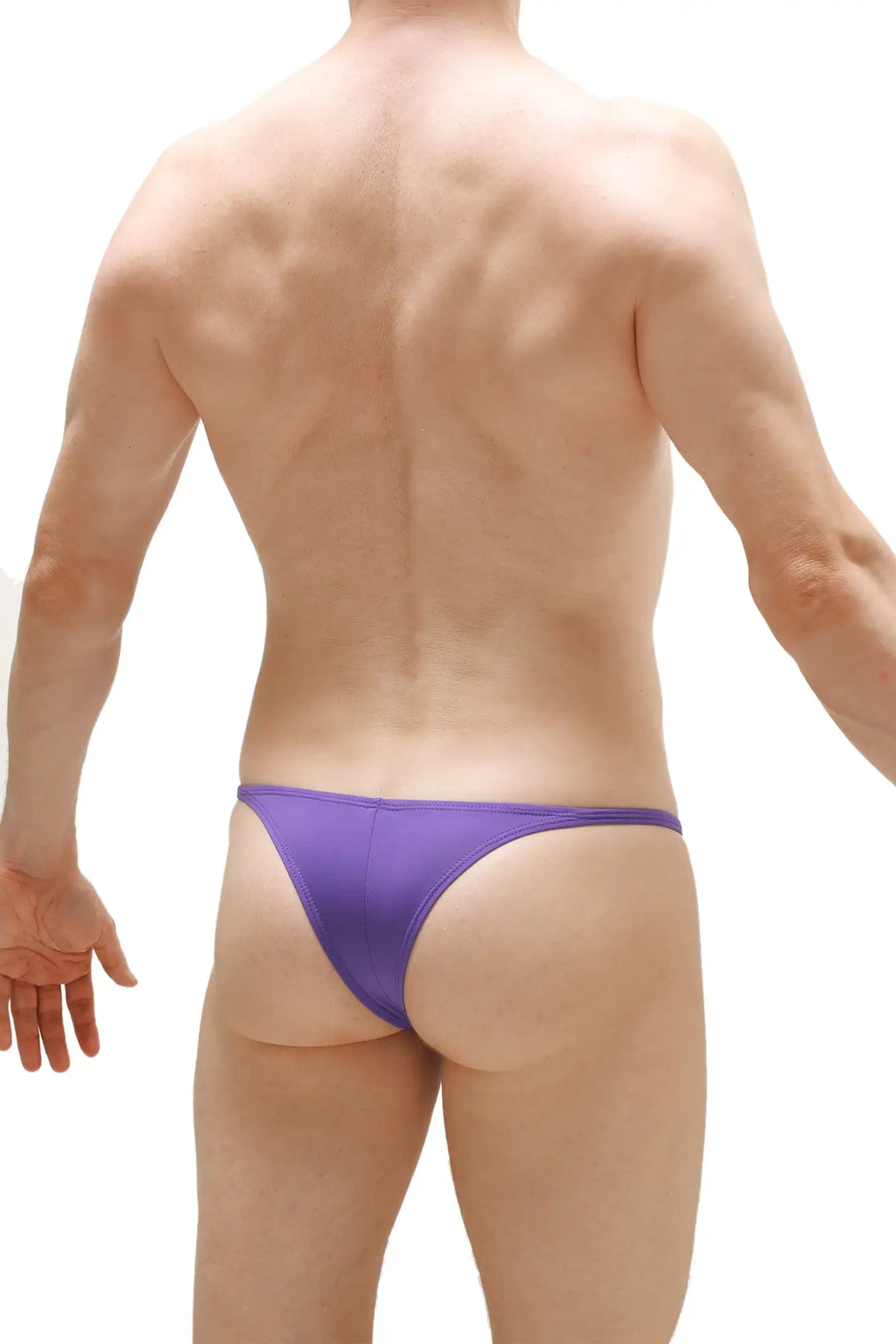 Purple petitq bikini plellis thong made of smooth stretchy fabric with sleek minimalist design shown from the back