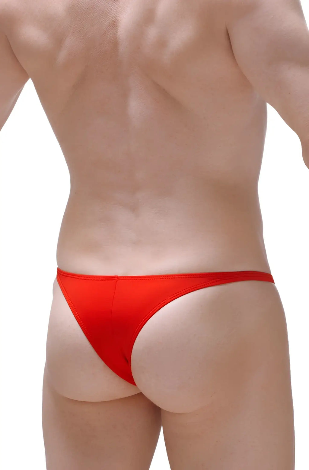 Bright red petitq bikini plellis thong made of smooth fabric shown from the back side
