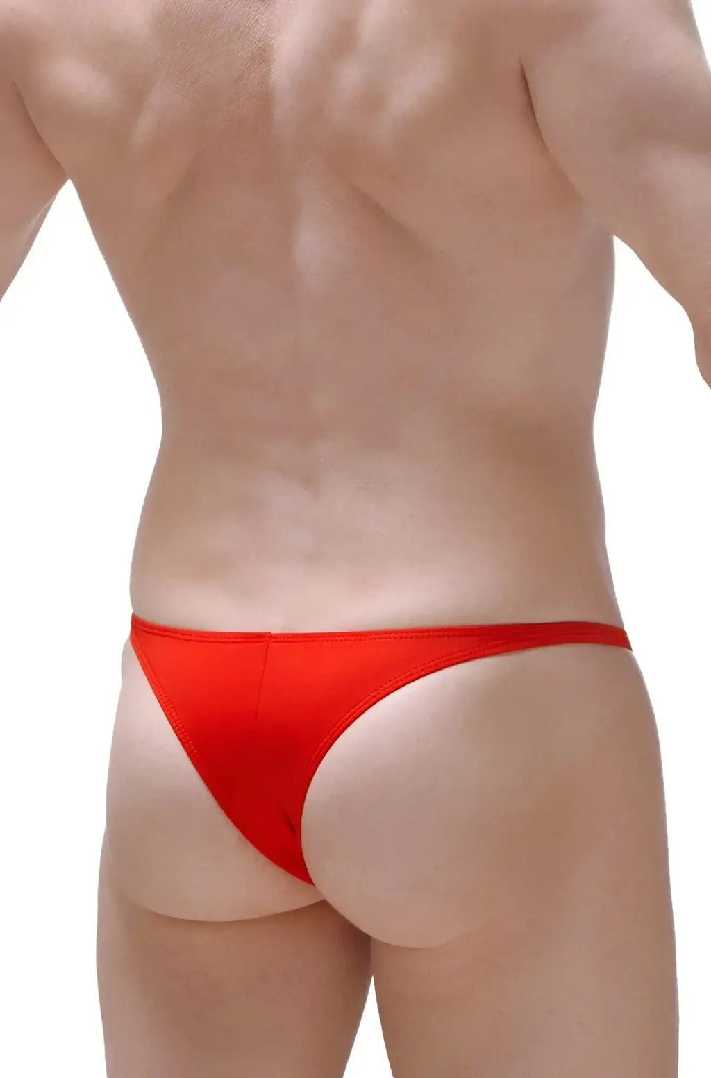 Bright red petitq bikini plellis thong made of smooth fabric shown from the back side