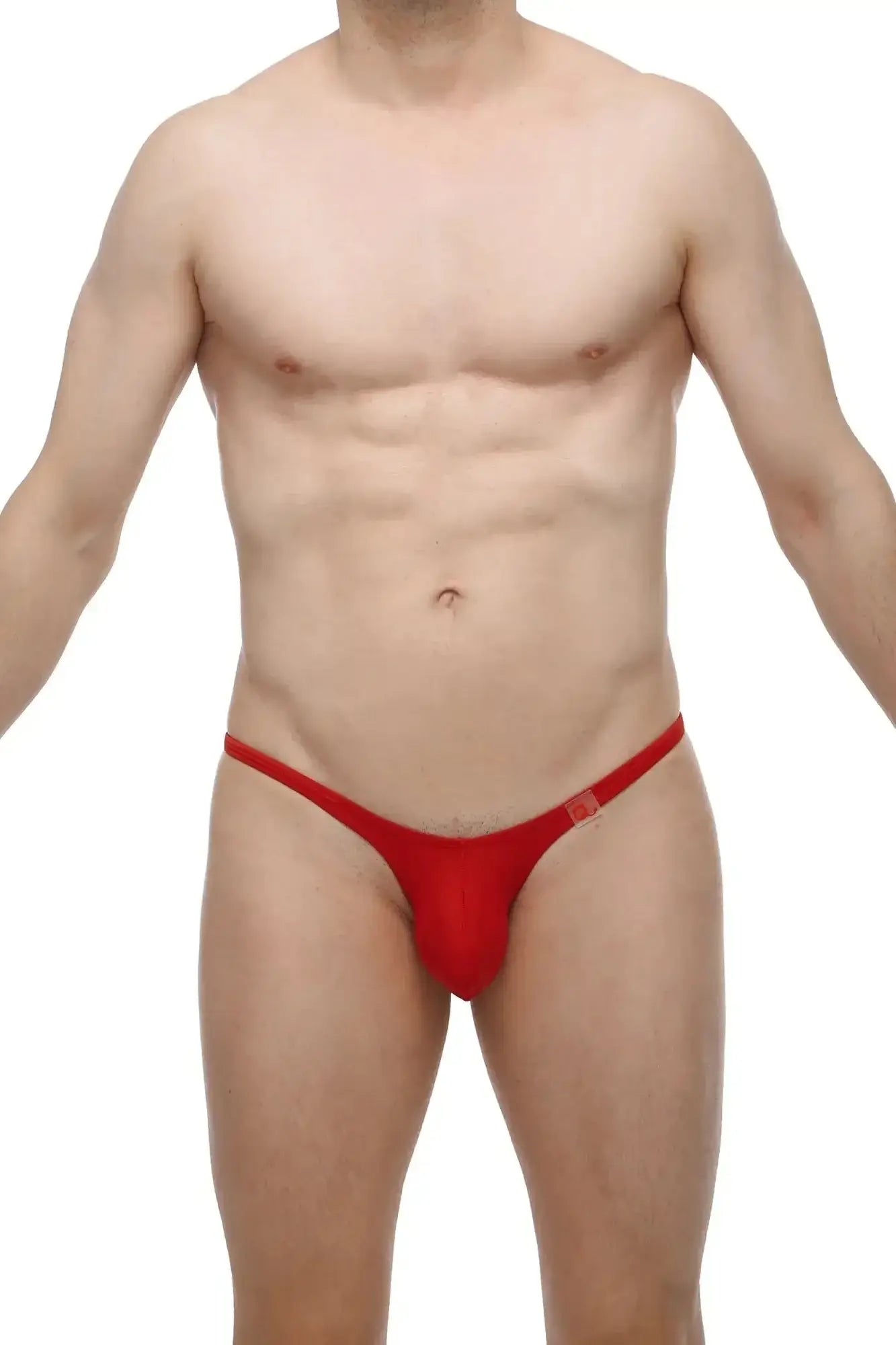 Red thong bikini bottom with small square logo on sideband from petitq bikini plellis red collection