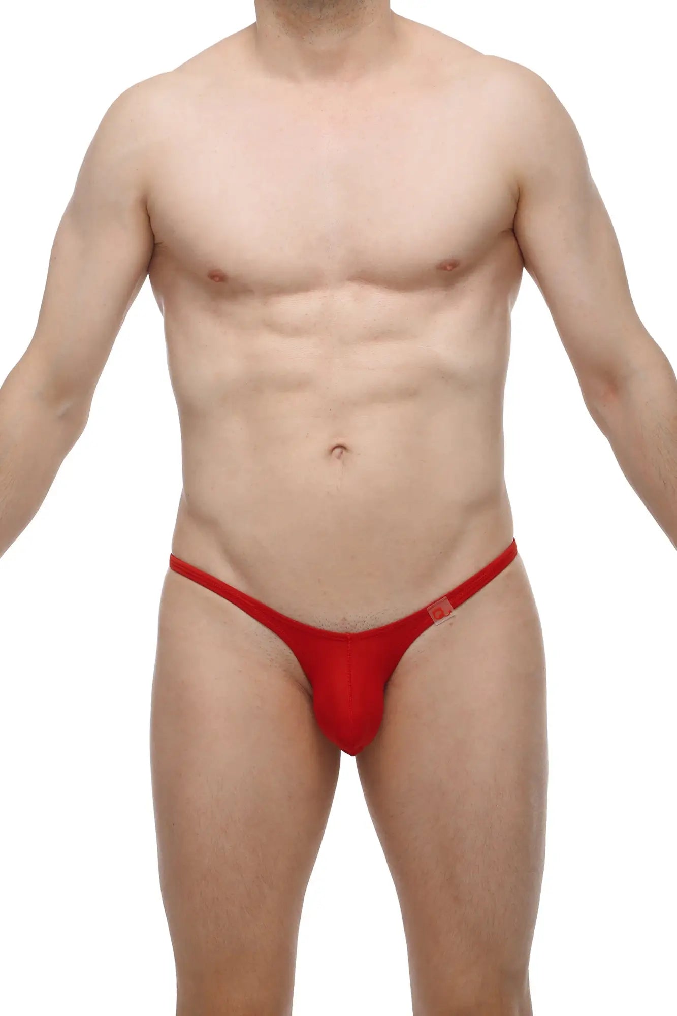 Red thong bikini bottom with small square logo on sideband from petitq bikini plellis red collection