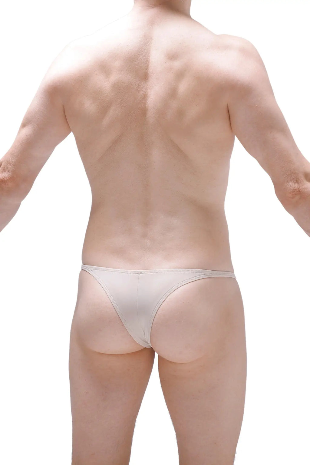 A sleek minimalist white PetitQ Bikini Plellis Sand thong made of smooth stretchy fabric shown from the back side
