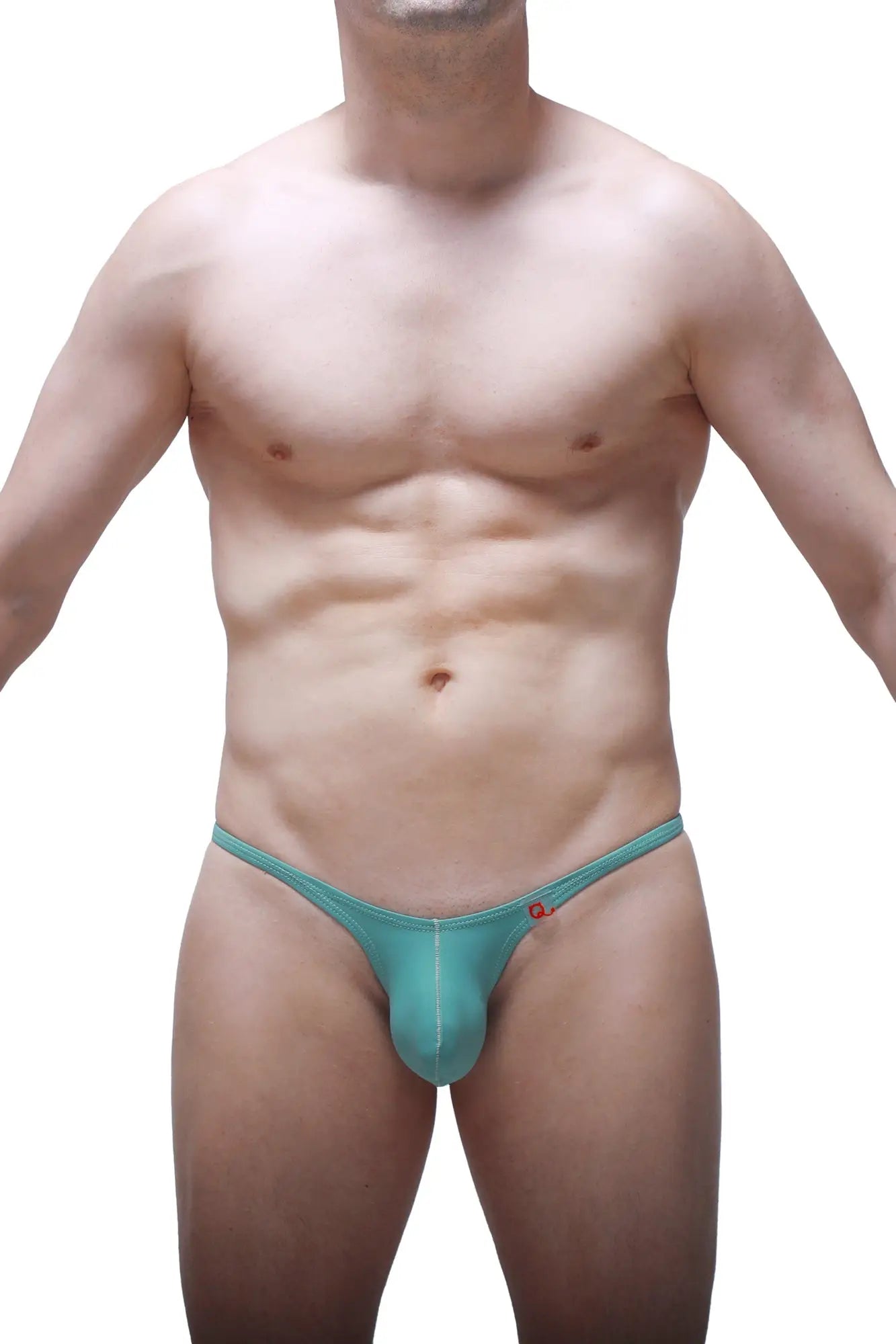 Teal-colored form-fitting PetitQ Bikini Plellis thong with a small red logo on the sideband visible from the back side