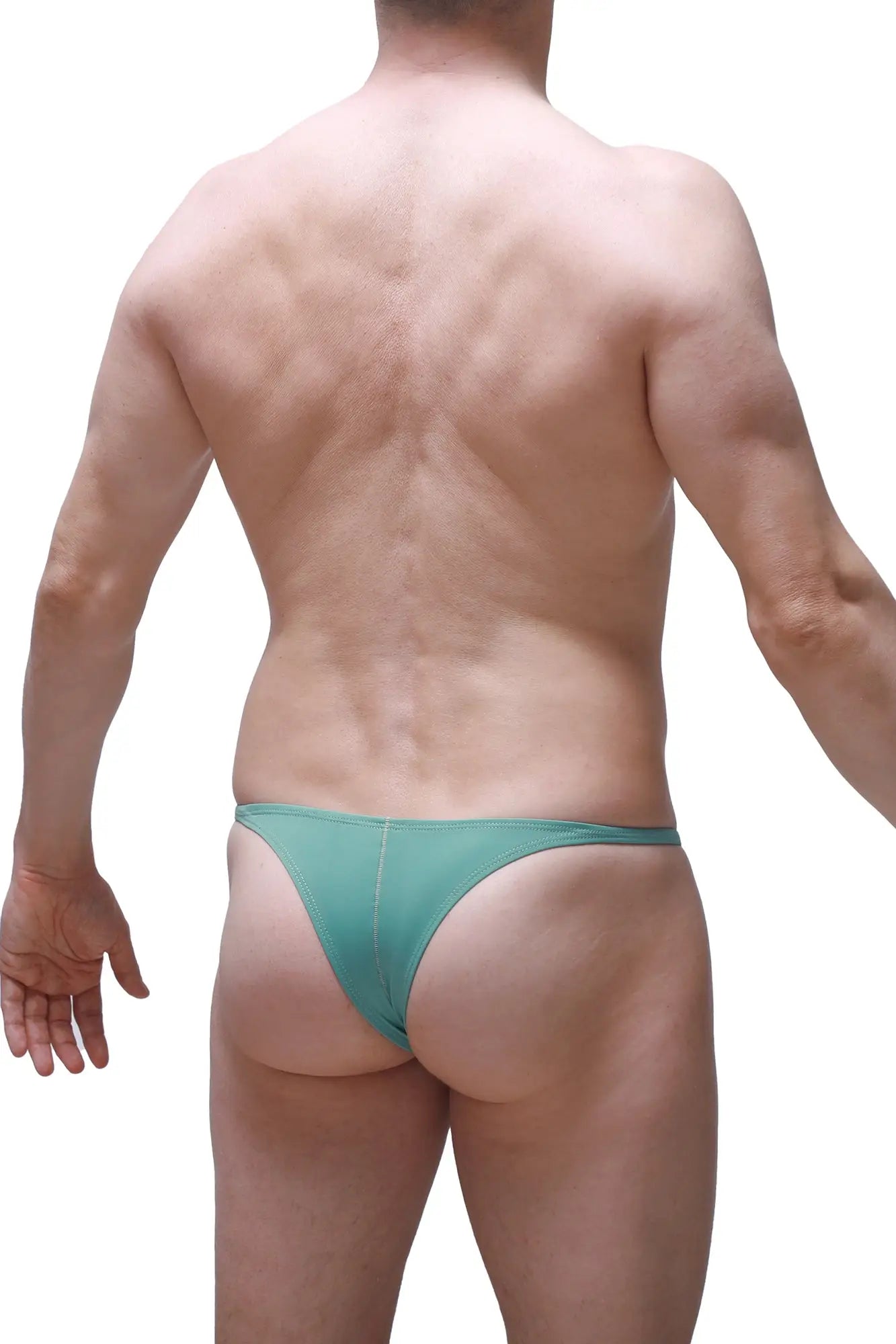 Teal-colored form-fitting thong with smooth fabric texture from petitq bikini plellis turquoise green collection back view