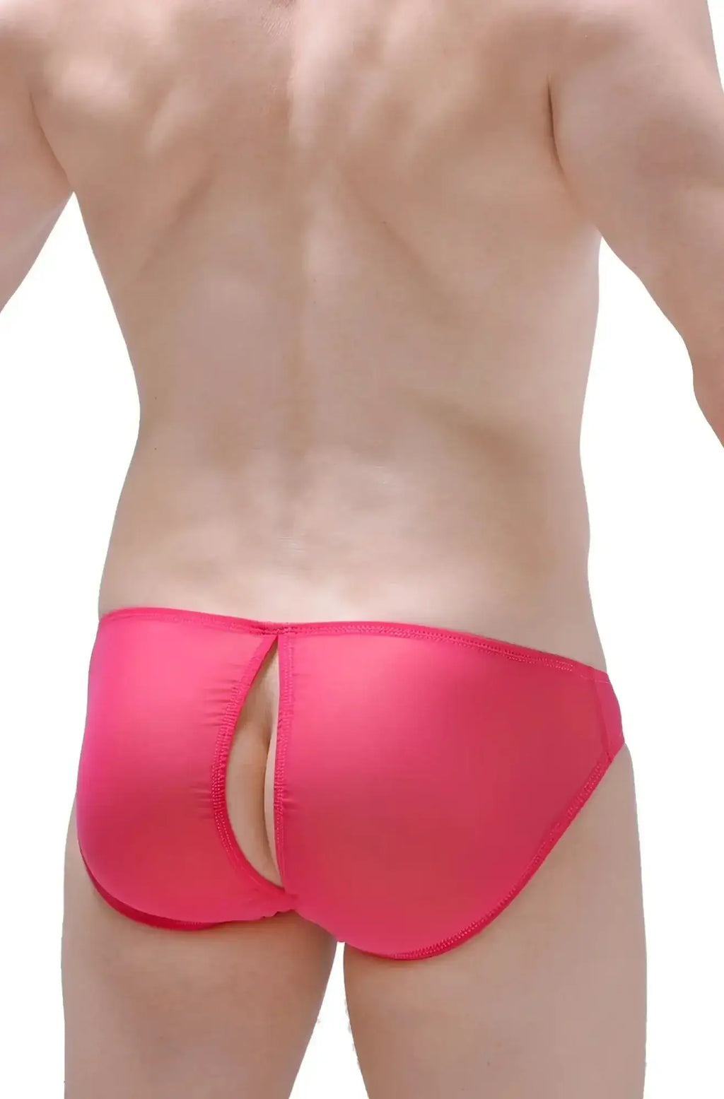 Back side of bright pink petitq bikini poncy net fuchsia swim trunks with a central cutout and sleek form-fitting design