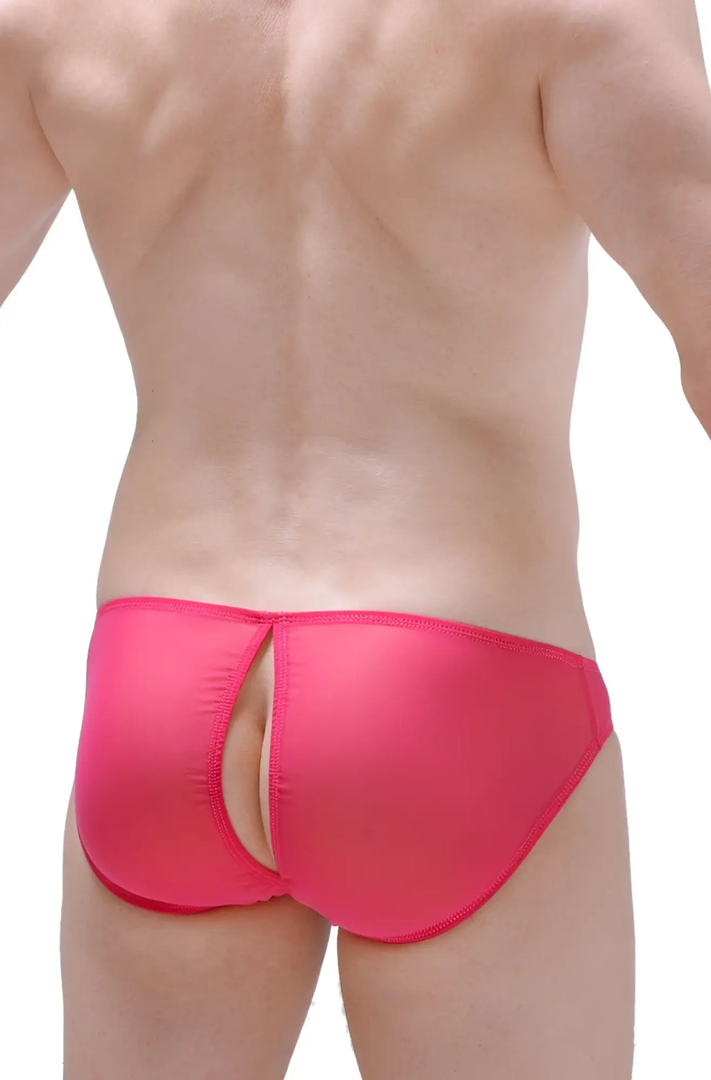 Back side of bright pink petitq bikini poncy net fuchsia swim trunks with a central cutout and sleek form-fitting design