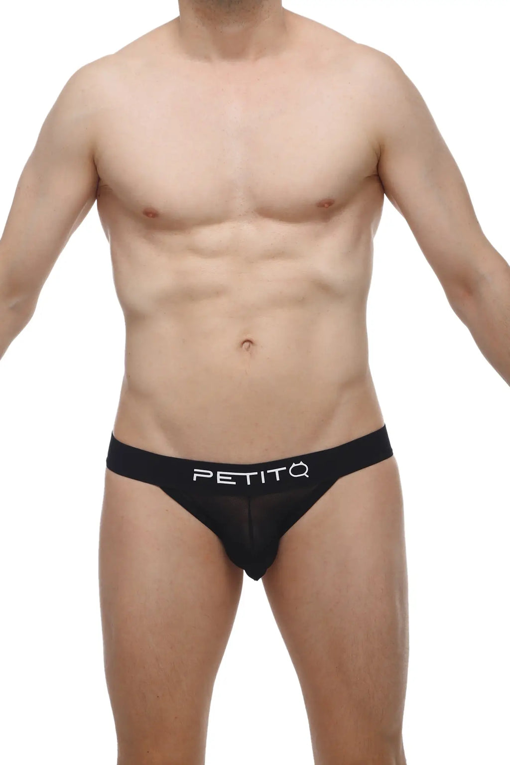 Black petitq bikini pons mens briefs with sheer mesh front and white logo branding for stylish comfort