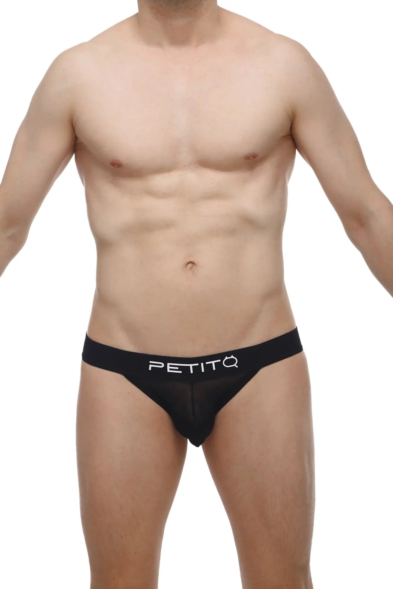 Black petitq bikini pons mens briefs with sheer mesh front and white logo branding for stylish comfort