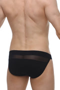 Black petitq bikini briefs with a sheer mesh panel across the waistband showing the front side