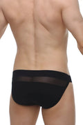Black petitq bikini briefs with a sheer mesh panel across the waistband showing the front side