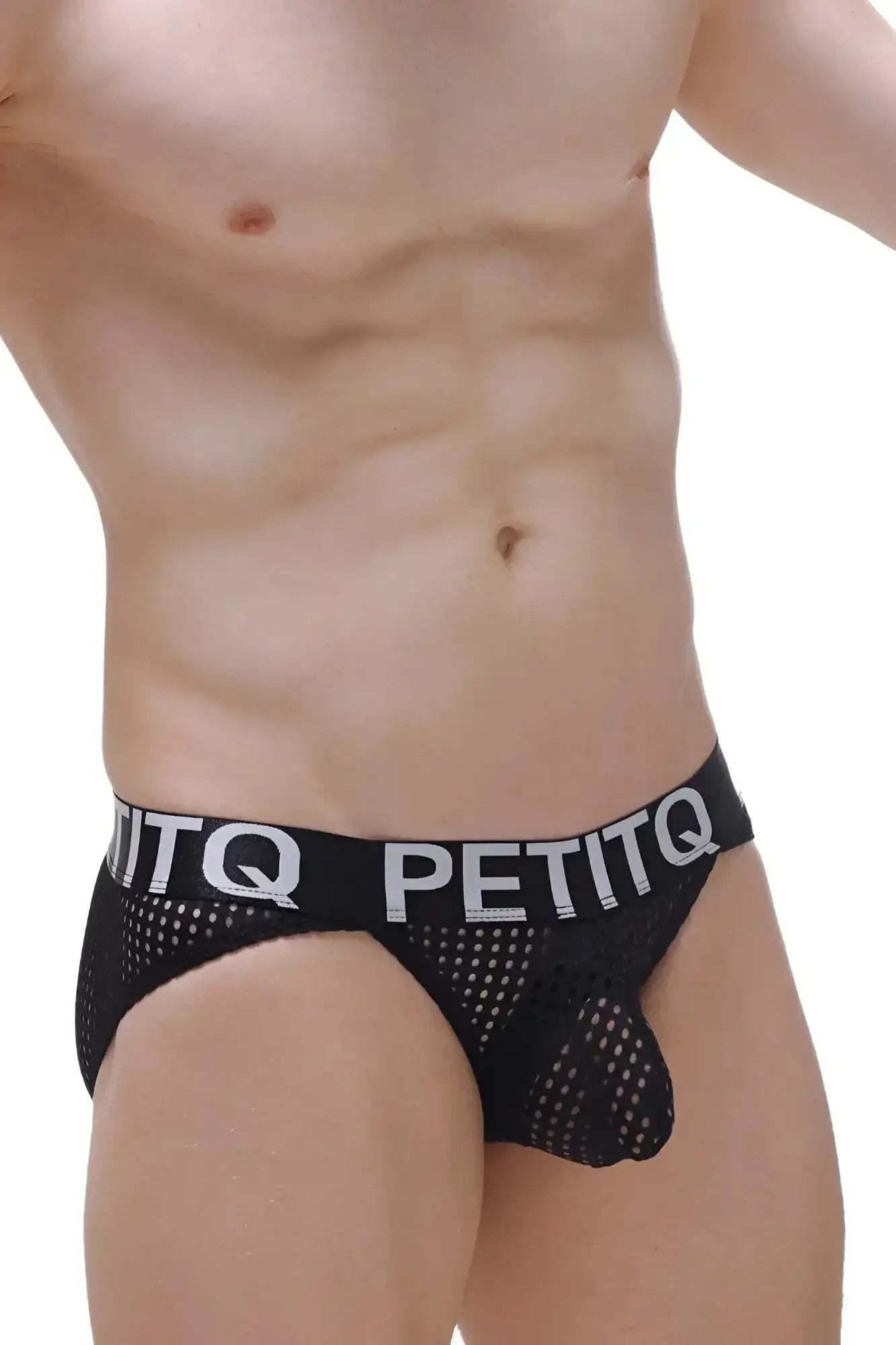Black mesh briefs with white petitq logo band from petitq bikini protruder durtol black collection