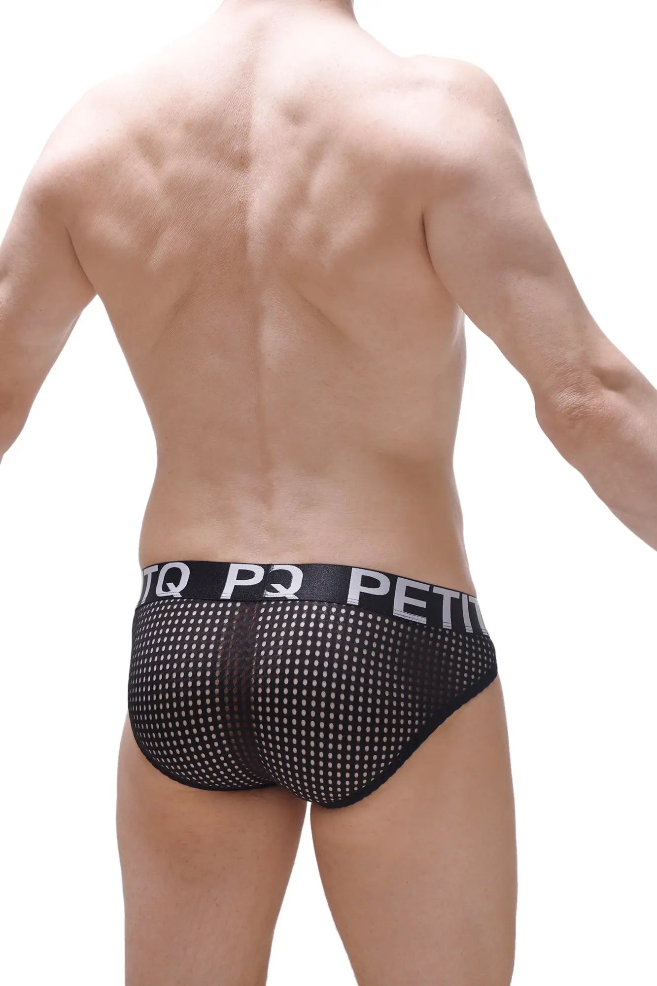 Black mesh briefs with white perforated pattern and black pq petit waistband from petitq bikini protruder durtol black
