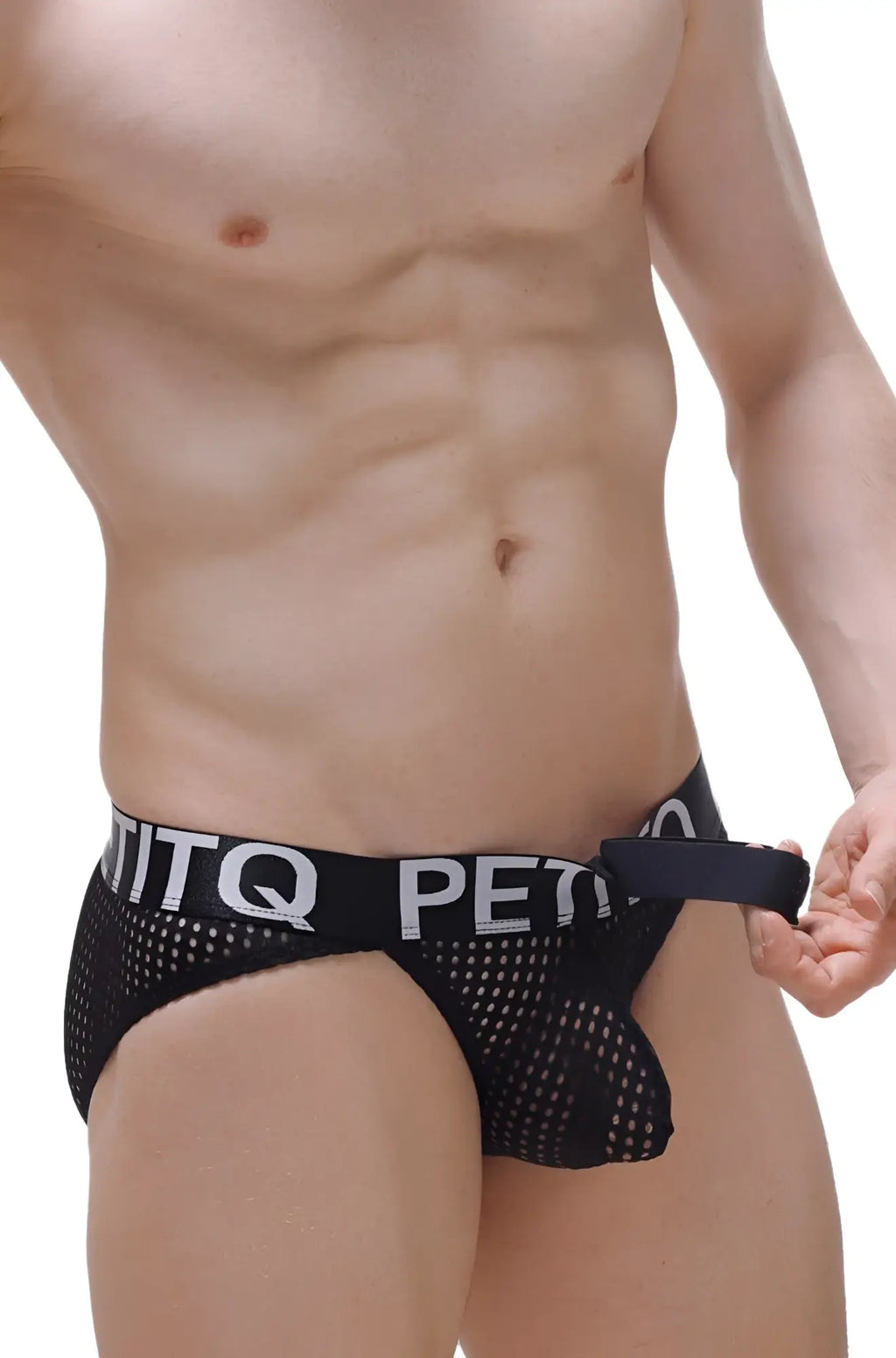 Black mesh PetitQ bikini protruder Durtol briefs with wide elastic waistband featuring white PetitQ lettering